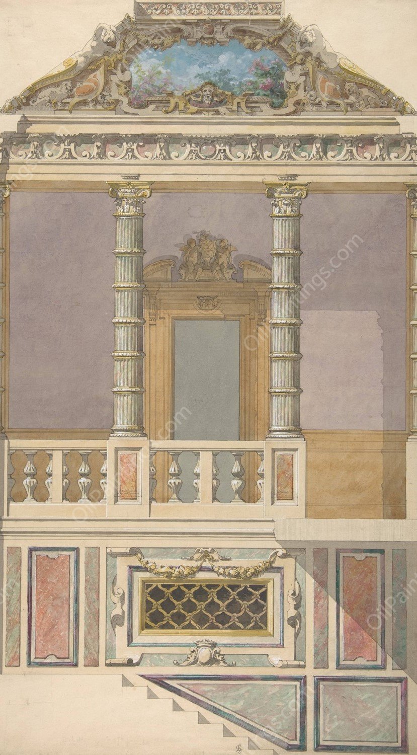 Elevation of an Italianate interior, including steps and an upper loggia decorated in composite columns  by Jules-Edmond-Charles Lachaise - Hand-Painted Oil Painting Reproduction