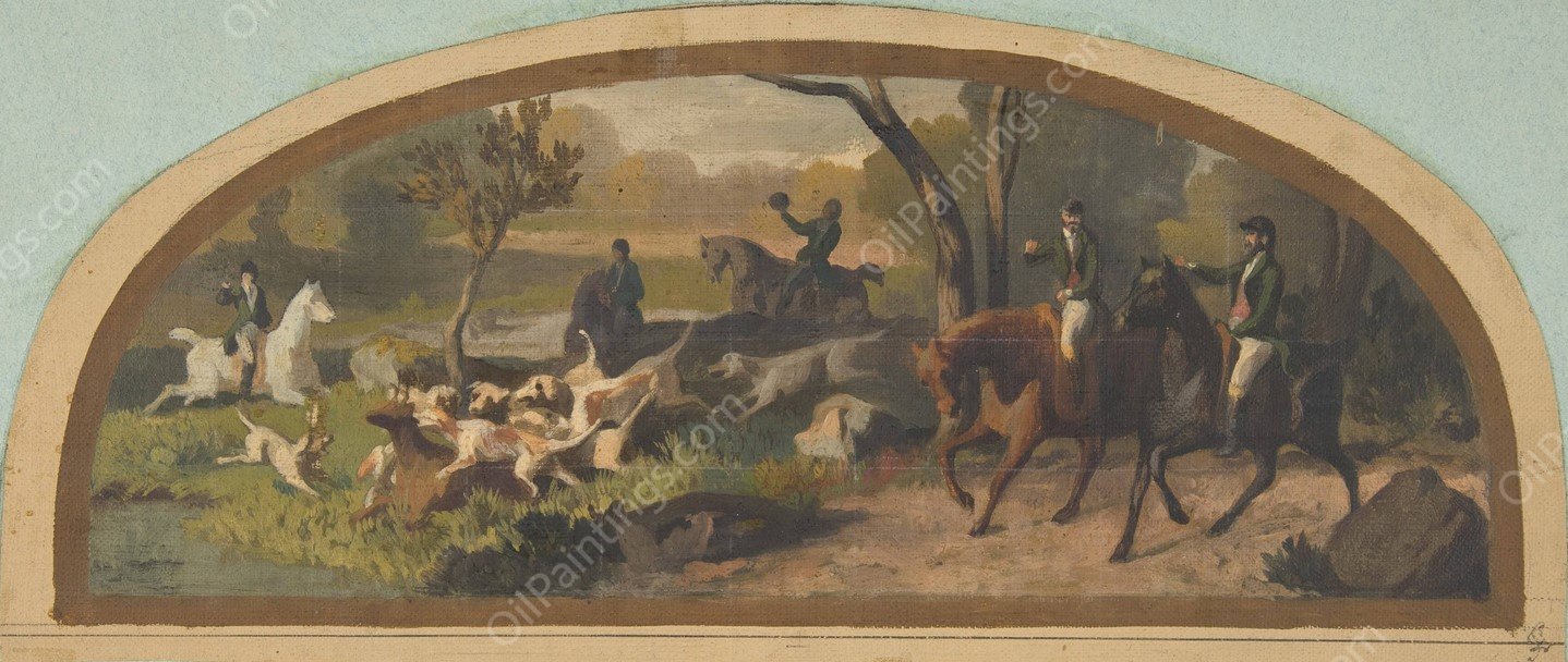Hunting Scene; Mural design for a lunette in the library of the Chateau de Lude  by Jules-Edmond-Charles Lachaise - Hand-Painted Oil Painting Reproduction