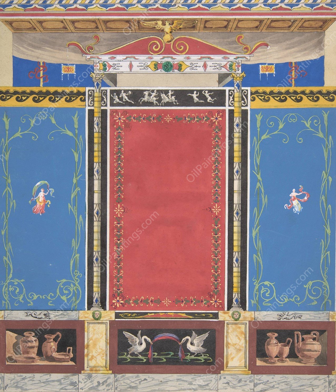 Painted Wall Decor Featuring Thin Column with a Pair of Swans and Trompe L'Oeil Vases at Base  by Jules-Edmond-Charles Lachaise - Hand-Painted Oil Painting Reproduction