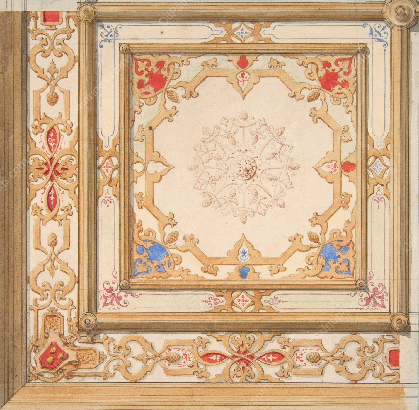 Partial design for a ceiling painted in strapwork and pine cone motifs  by Jules-Edmond-Charles Lachaise - Hand-Painted Oil Painting Reproduction
