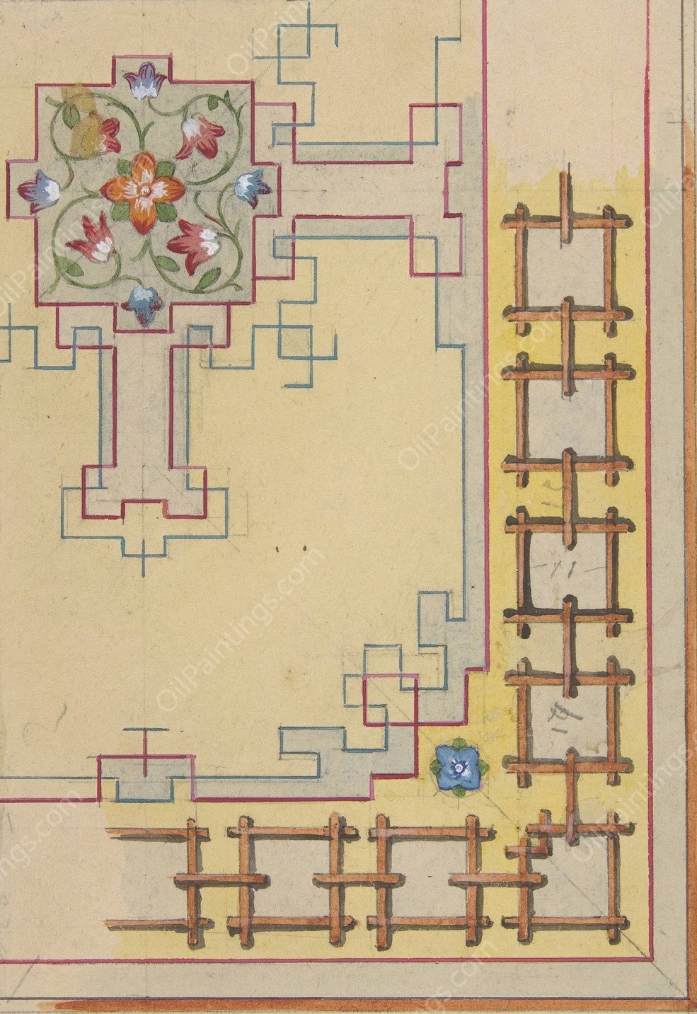 Partial design for ceiling decorated in chinese motifs  by Jules-Edmond-Charles Lachaise - Hand-Painted Oil Painting Reproduction