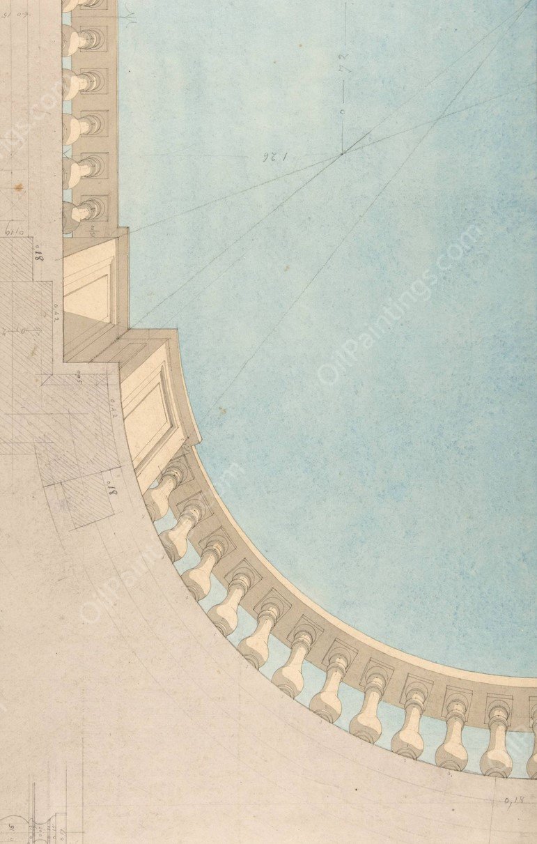 Perspectival study for one quadrant of a ceiling design including a trompe l'oeil balustrade  by Jules-Edmond-Charles Lachaise - Hand-Painted Oil Painting Reproduction