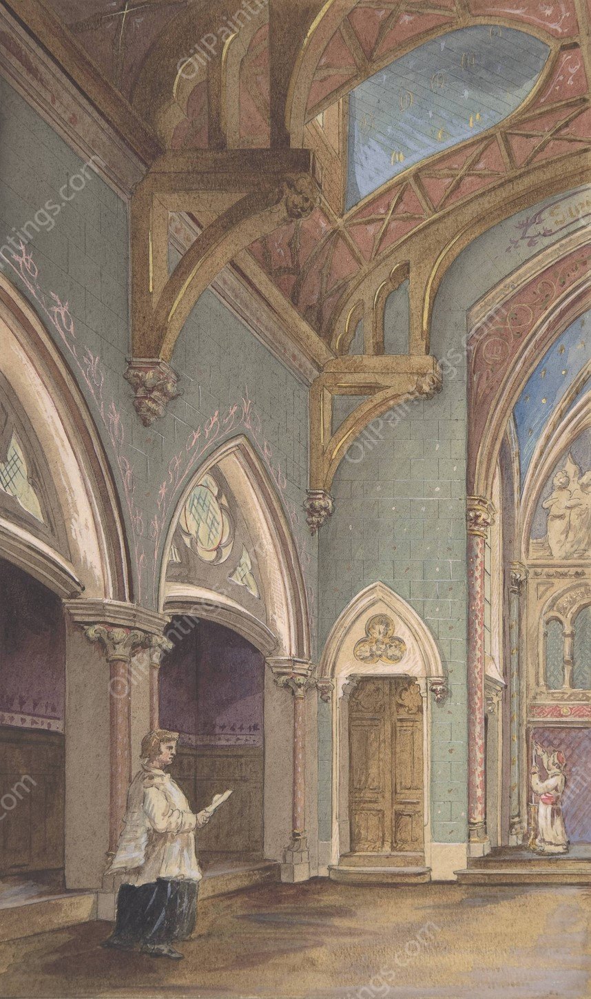 View of Interior with Figures, Saint Clotilde  by Jules-Edmond-Charles Lachaise - Hand-Painted Oil Painting Reproduction