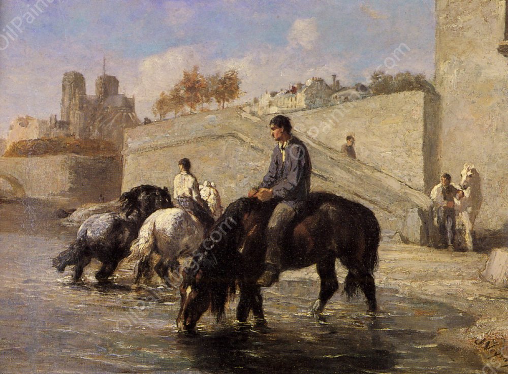Chevaux s'Abreuvant dans la Seine Derriere Notre Dame by Jules Jacques Veyrassat - Hand-Painted Oil Painting Reproduction