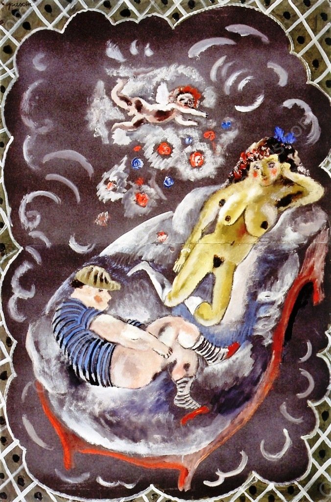 Two Figures and Cupid by Jules Pascin - Hand-Painted Oil Painting Reproduction