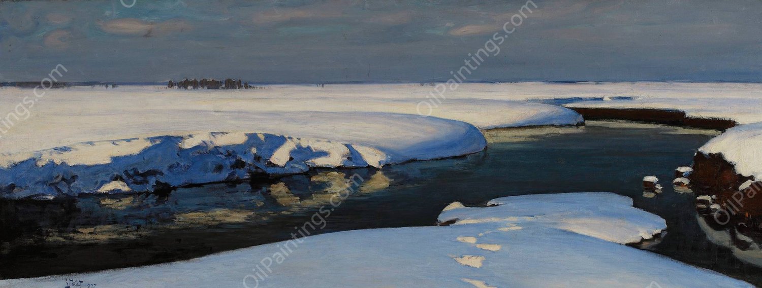 Winter landscape with a river  by Julian Falat - Hand-Painted Oil Painting Reproduction
