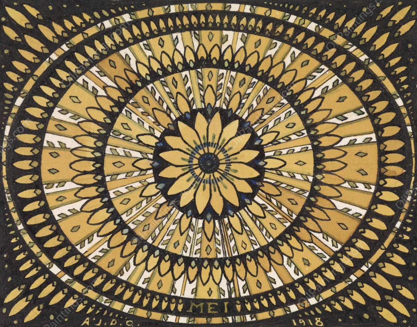 De maand Mei; rozet met gestileerde bladen  by Julie De Graag - Hand-Painted Oil Painting Reproduction