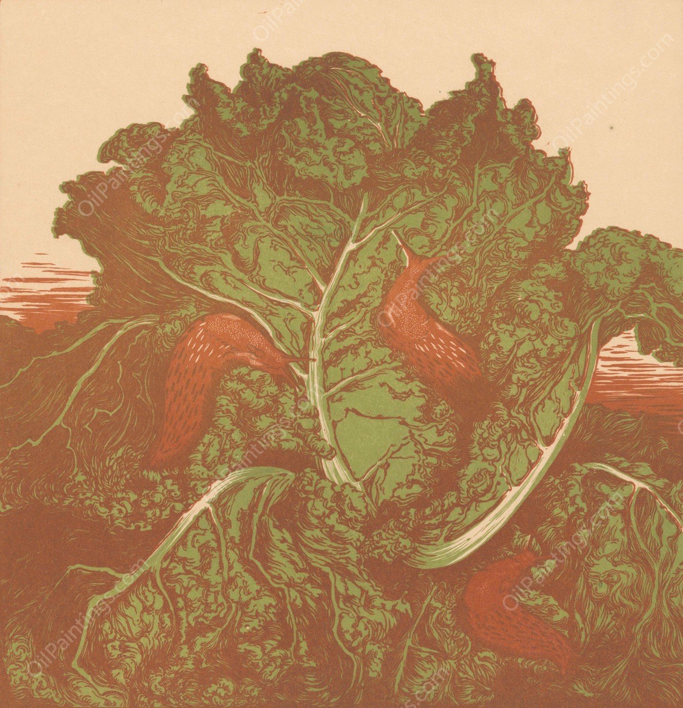 Drie naaktslakken op een kool  by Julie De Graag - Hand-Painted Oil Painting Reproduction