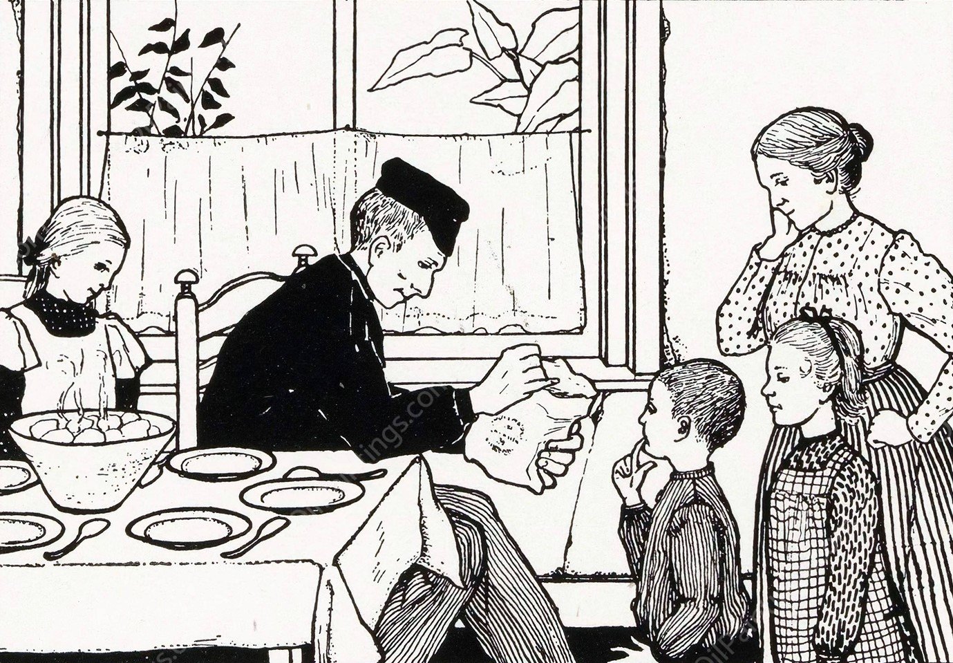 Jongen en meisje tonen hun vader een zak  by Julie De Graag - Hand-Painted Oil Painting Reproduction