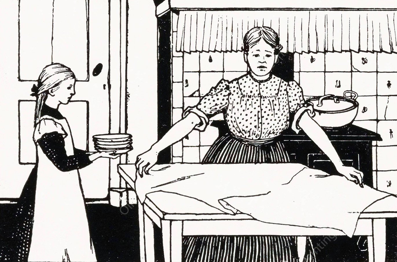 Vrouw en meisje dekken een tafel  by Julie De Graag - Hand-Painted Oil Painting Reproduction