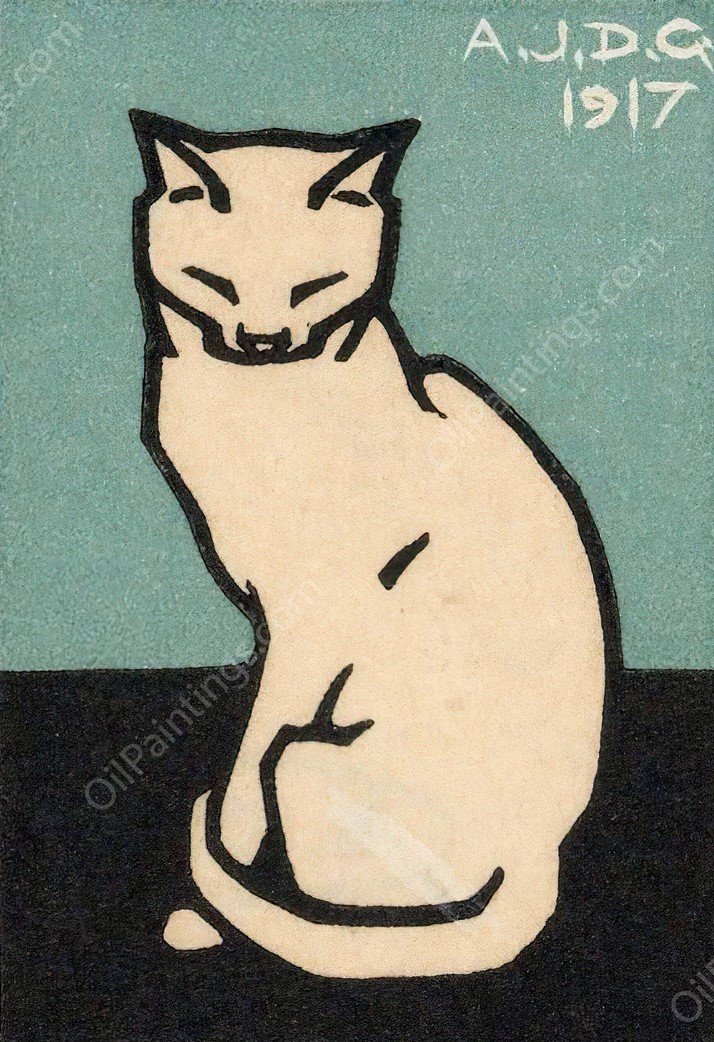 Zittende kat met gesloten ogen  by Julie De Graag - Hand-Painted Oil Painting Reproduction