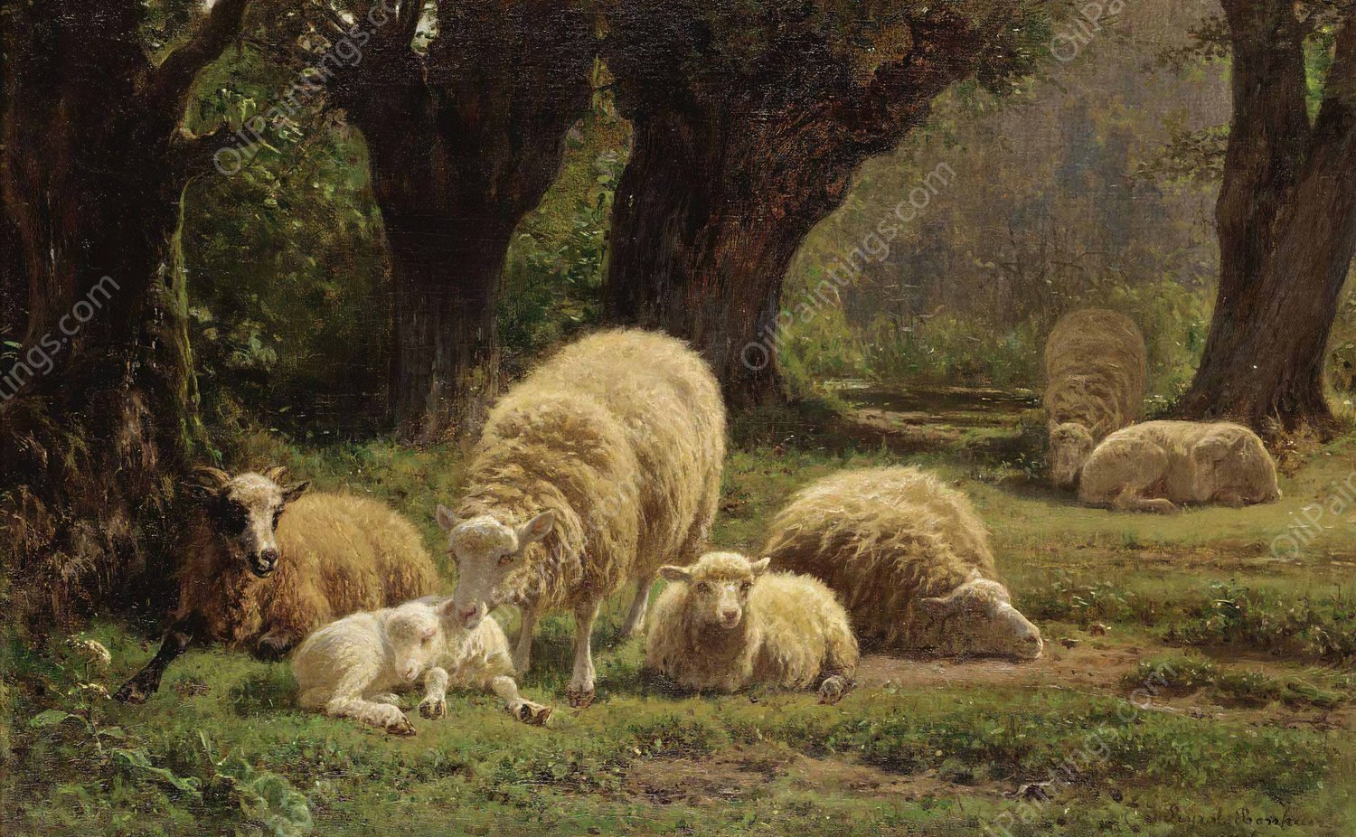 Sheep Grazing In A Wooded Clearing  by Juliette Peyrol-Bonheur - Hand-Painted Oil Painting Reproduction