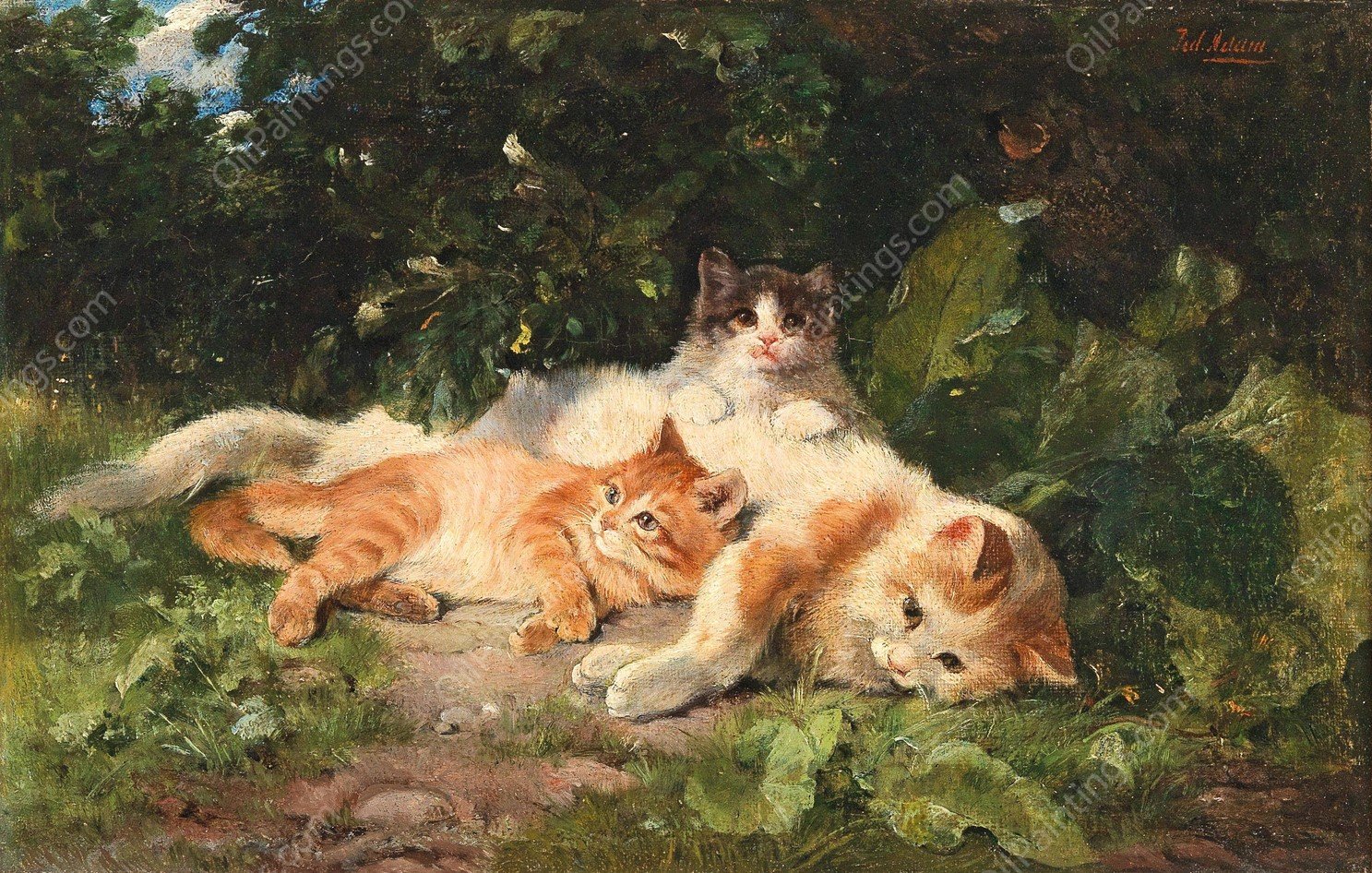 Cat with her Kittens by Julius Adam The Elder - Hand-Painted Oil Painting Reproduction