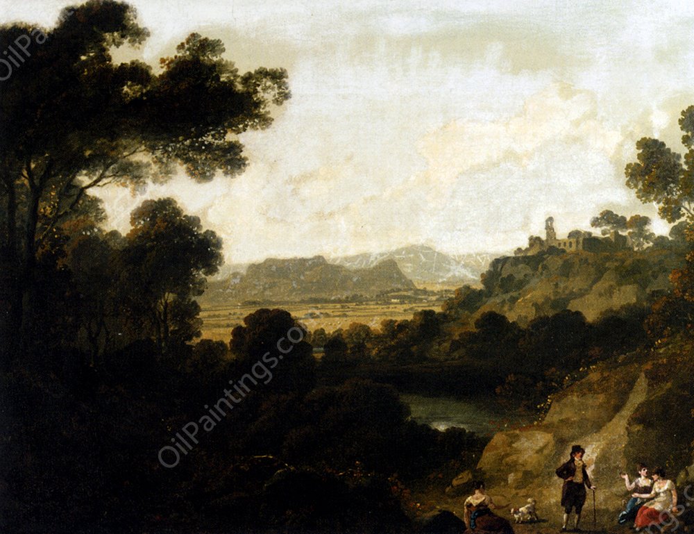 A Distant View Of Llantrisant Castle, Glamorganshire, With Figures Seated In The Foreground by Julius Caesar Ibbetson - Hand-Painted Oil Painting Reproduction