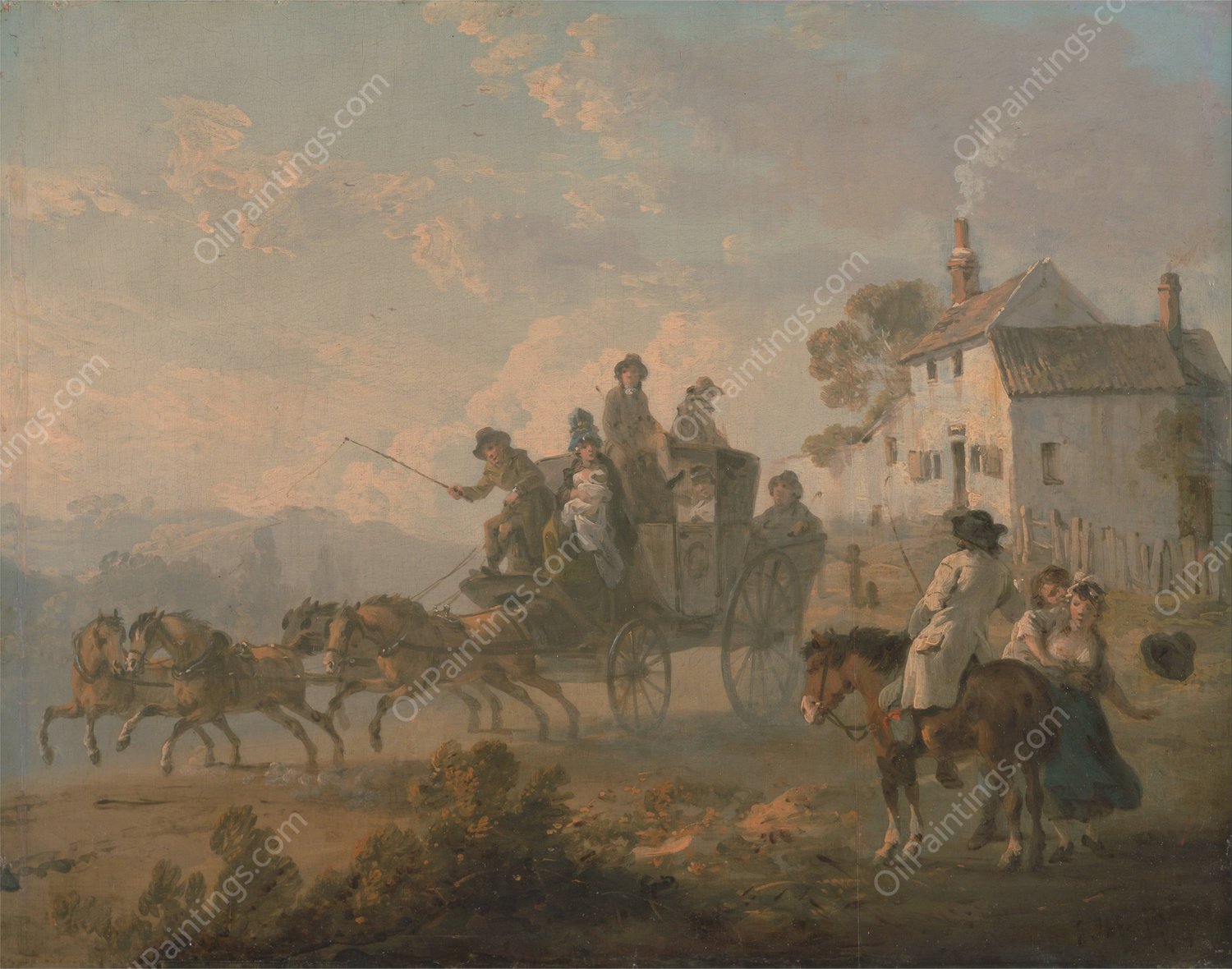 A Stage Coach on a Country Road  by Julius Caesar Ibbetson - Hand-Painted Oil Painting Reproduction
