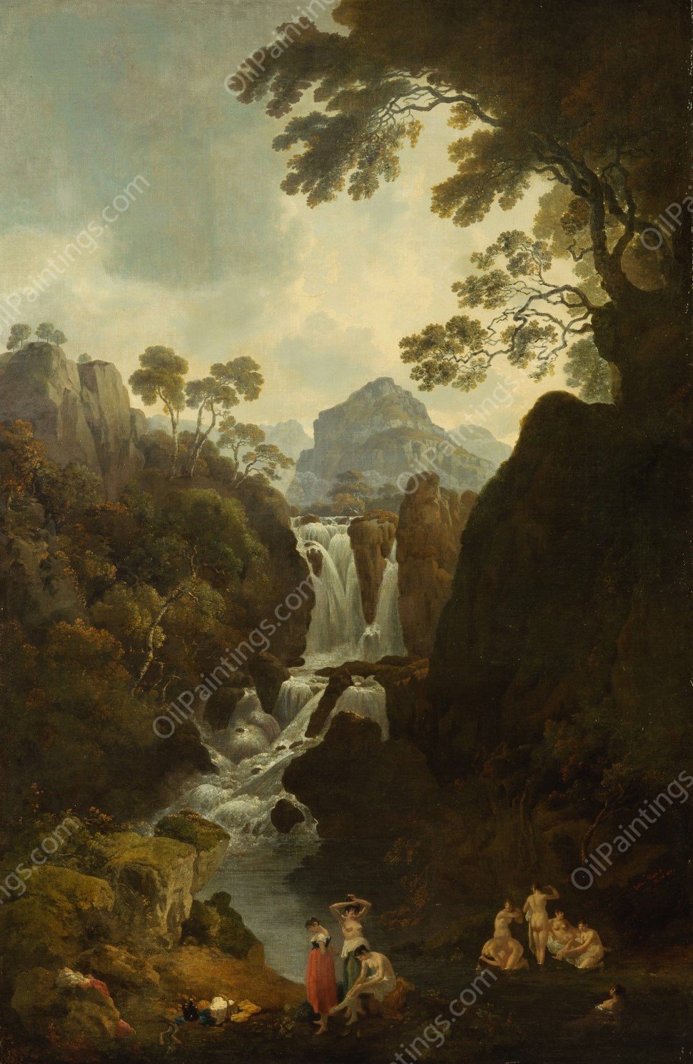 A Waterfall with Bathers  by Julius Caesar Ibbetson - Hand-Painted Oil Painting Reproduction