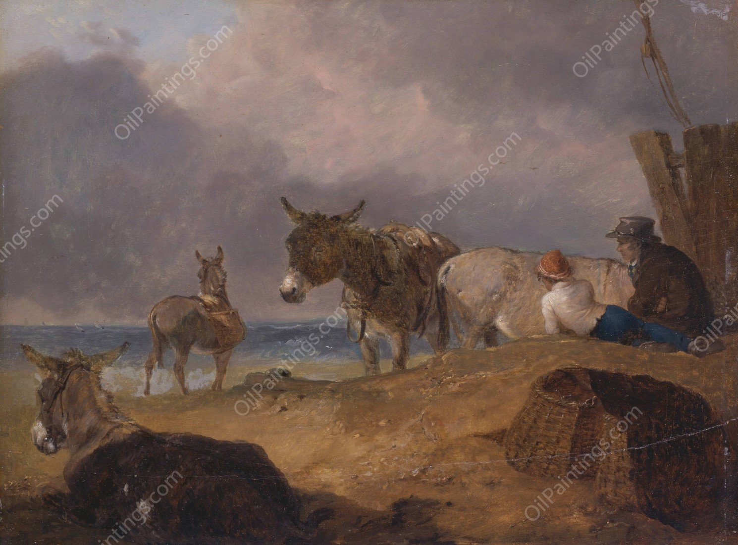 Donkeys and Figures on a Beach  by Julius Caesar Ibbetson - Hand-Painted Oil Painting Reproduction
