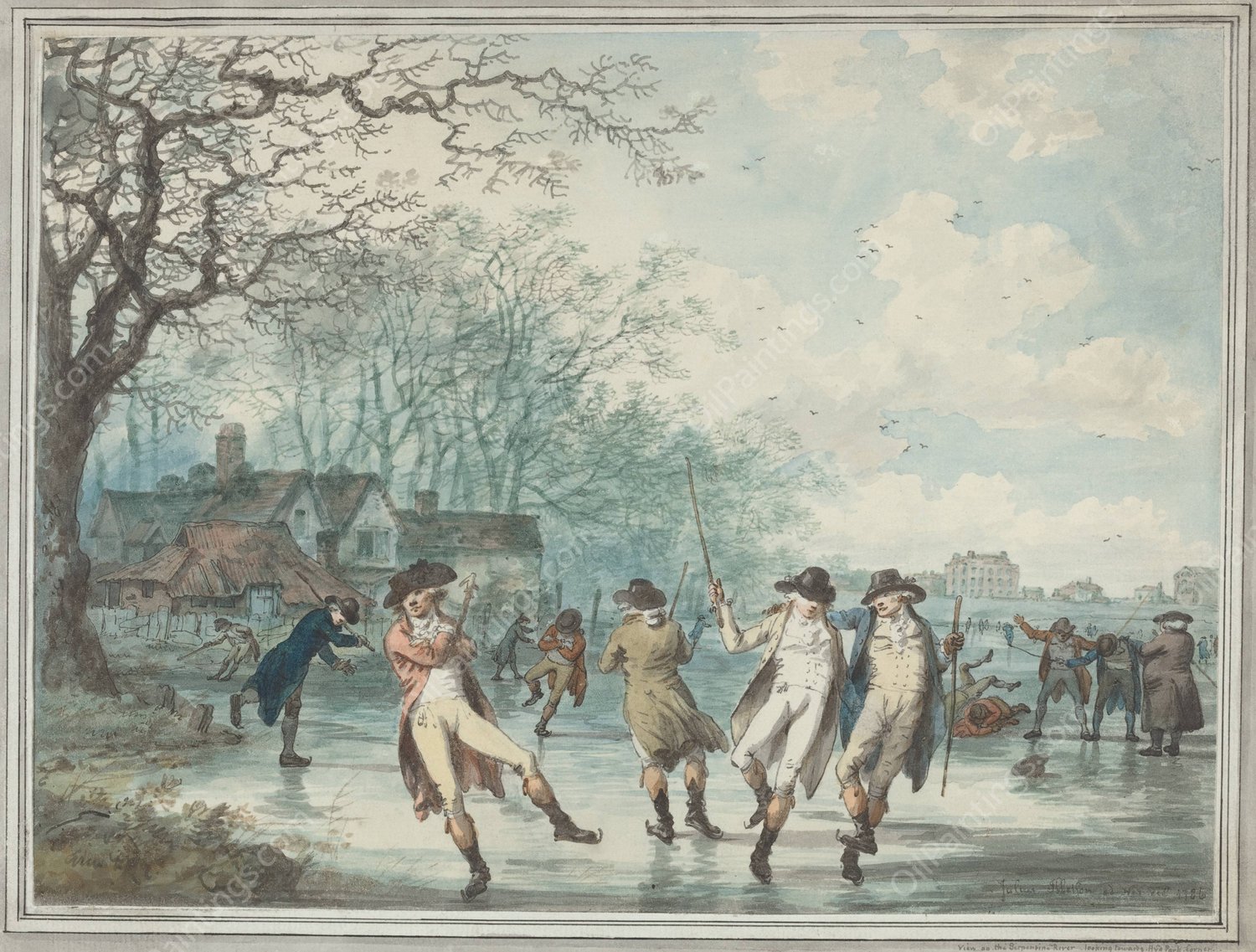 Skaters on the Serpentine in Hyde Park  by Julius Caesar Ibbetson - Hand-Painted Oil Painting Reproduction