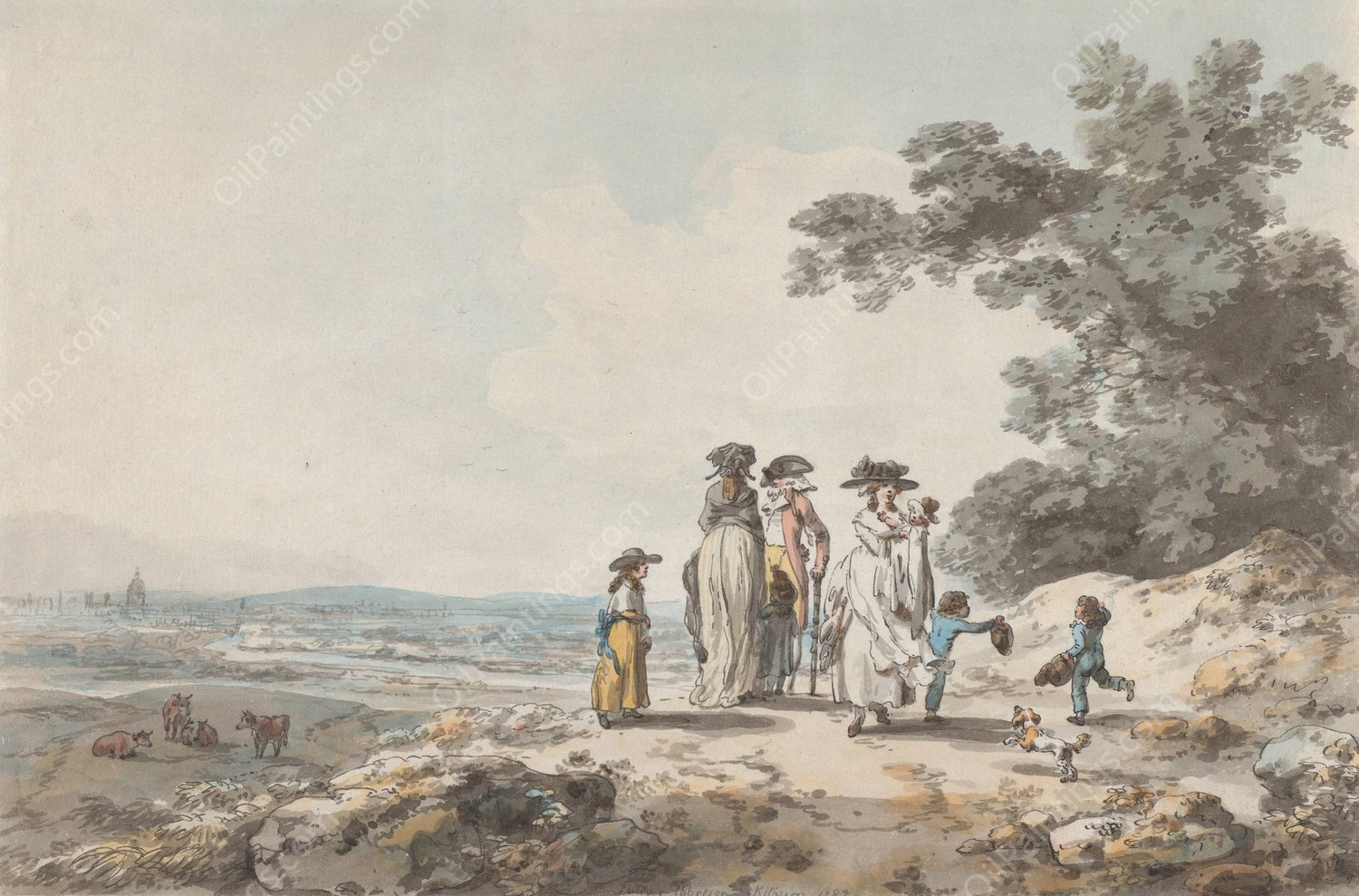 View of London with St. Paul's in the Distance; A Family Pausing on a Road  by Julius Caesar Ibbetson - Hand-Painted Oil Painting Reproduction