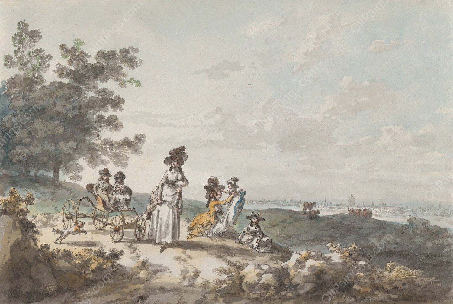 View of London with St. Paul's in the Distance; Woman and Children with a Baby Carriage  by Julius Caesar Ibbetson - Hand-Painted Oil Painting Reproduction