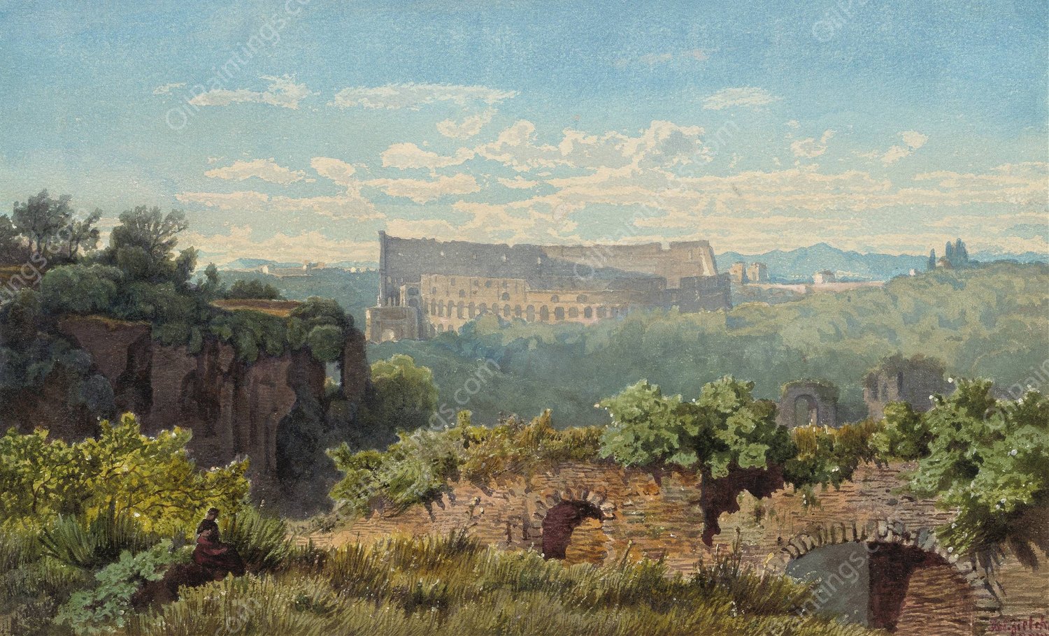 The Colosseum Seen from the Palatine Hill  by Julius Zielke - Hand-Painted Oil Painting Reproduction