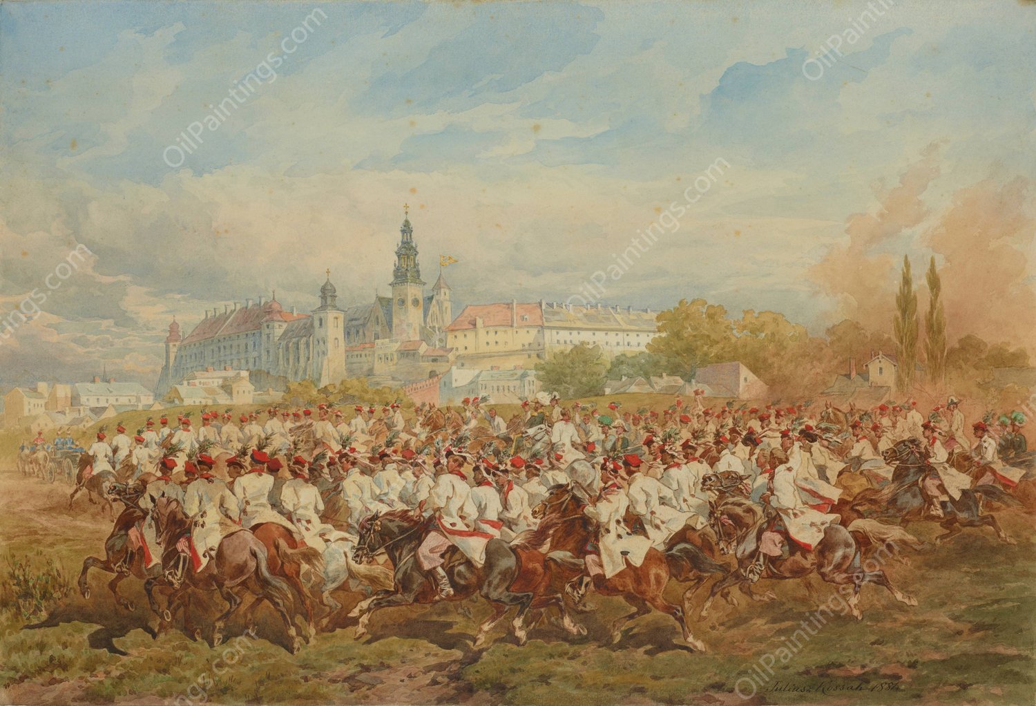 Krakow Cavalry Honour Escort Accompanying the Emperor on His Ride Through the Blonia Meadows  by Juliusz Kossak - Hand-Painted Oil Painting Reproduction
