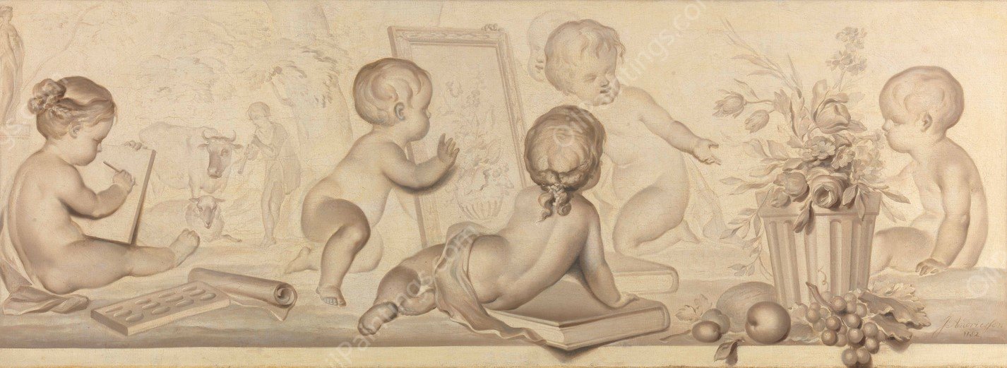 Six Putti with Flowers and Fruit and Attributes of the Art of Drawing  by Jurriaan Andriessen - Hand-Painted Oil Painting Reproduction