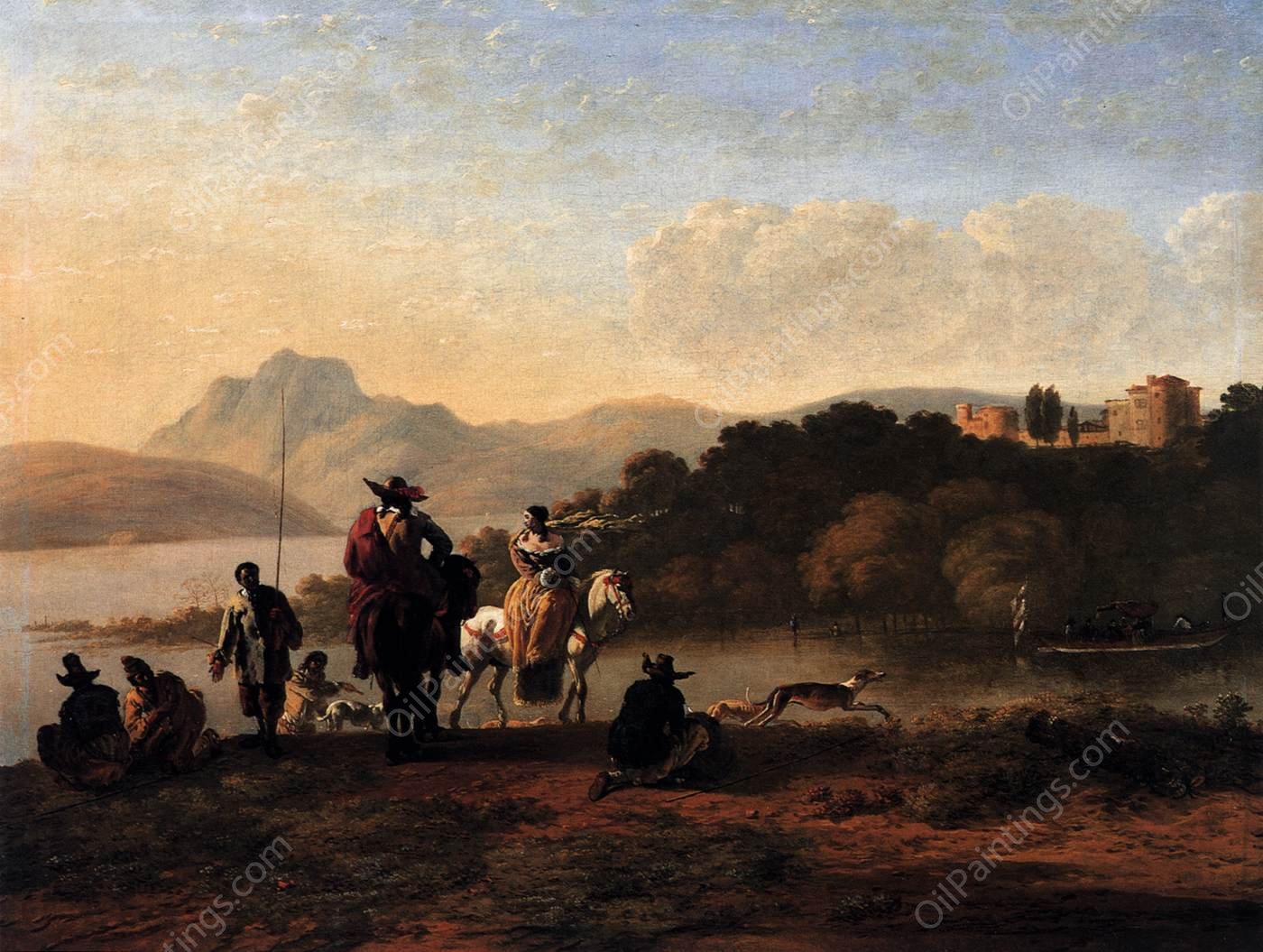 Italian Landscape with Elegant Riders and Fishermen by Karel Dujardin - Hand-Painted Oil Painting Reproduction