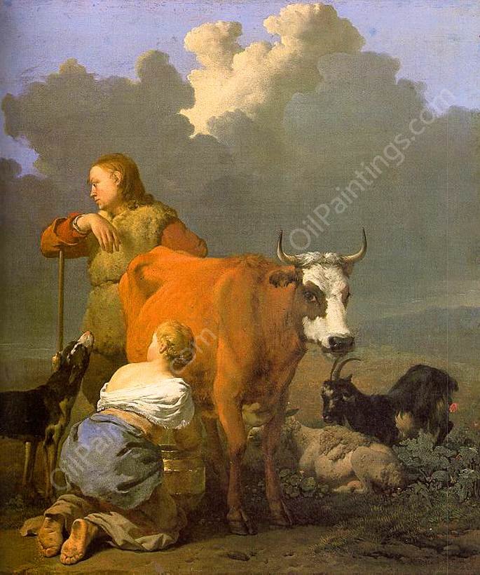 Woman Milking a Red Cow by Karel Dujardin - Hand-Painted Oil Painting Reproduction