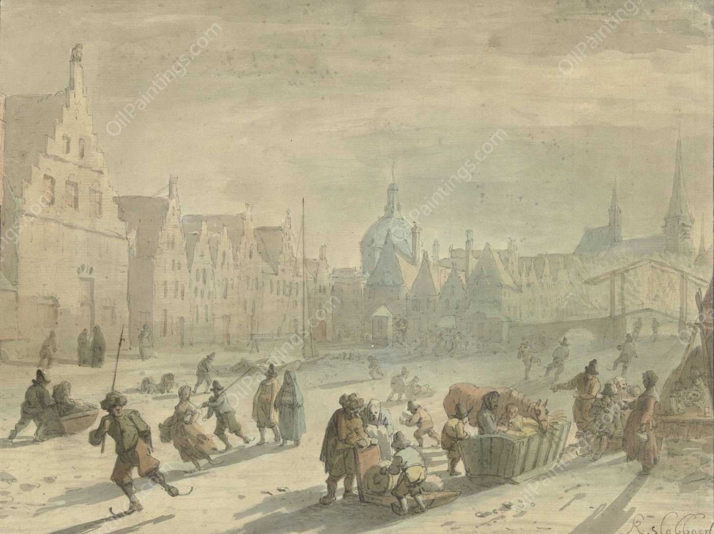 Galgewater in Leiden met ijsvermaak  by Karel Slabbaert - Hand-Painted Oil Painting Reproduction