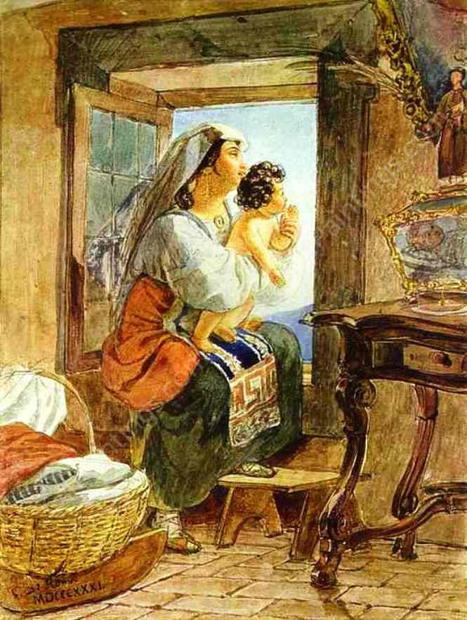 Italian Woman with a Child by a Window by Karl Pavlovich Brulloff - Hand-Painted Oil Painting Reproduction