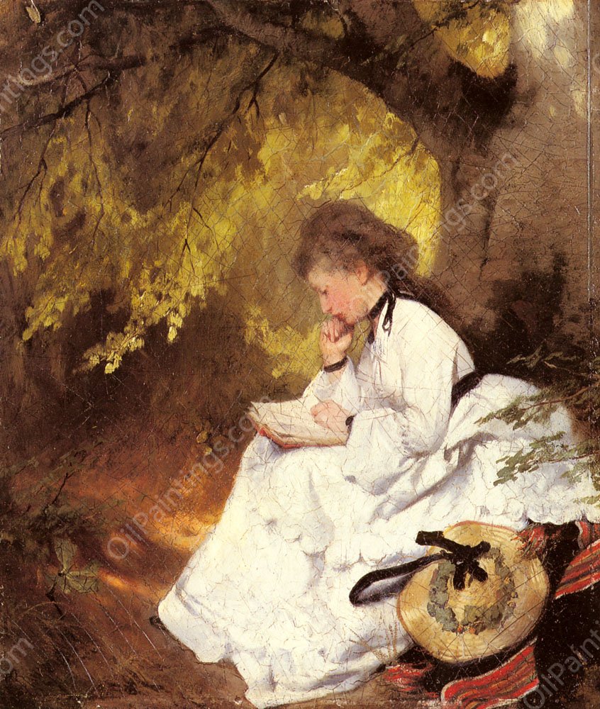 An Elegant Lady Reading Under a Tree by Karl Raupp - Hand-Painted Oil Painting Reproduction
