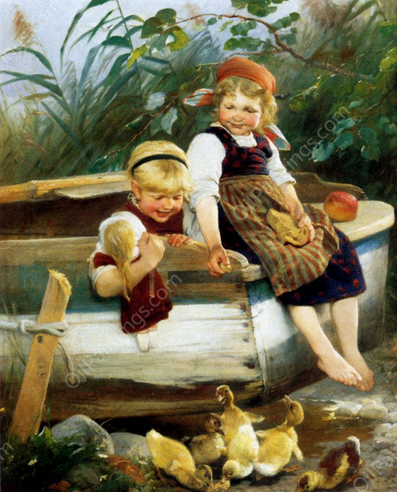 Feeding The Ducklings by Karl Raupp - Hand-Painted Oil Painting Reproduction