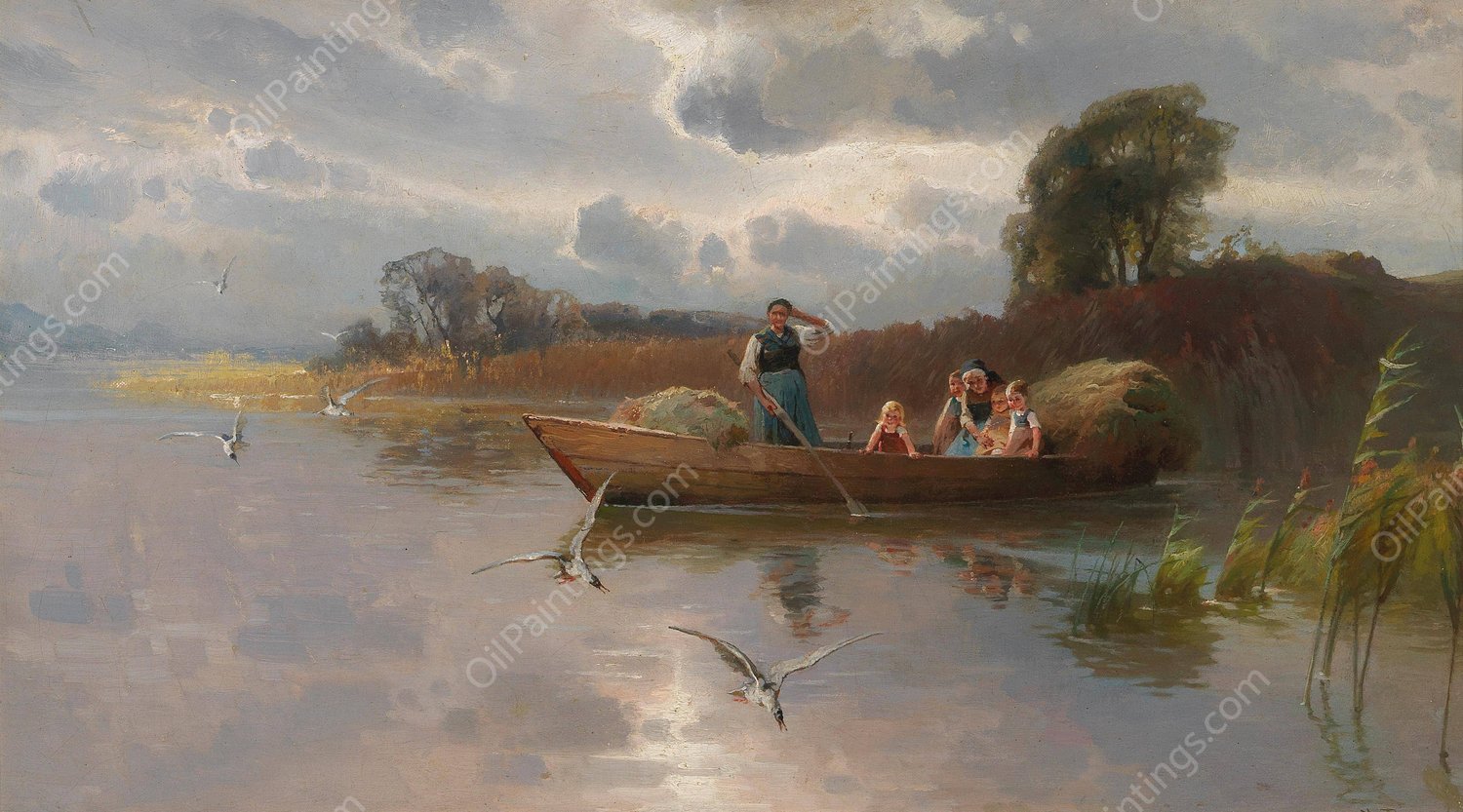 Hay Boat on Lake Chiemsee by Karl Raupp - Hand-Painted Oil Painting Reproduction