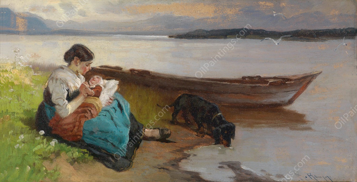 Mutter mit Kind am Ufer des Sees by Karl Raupp - Hand-Painted Oil Painting Reproduction