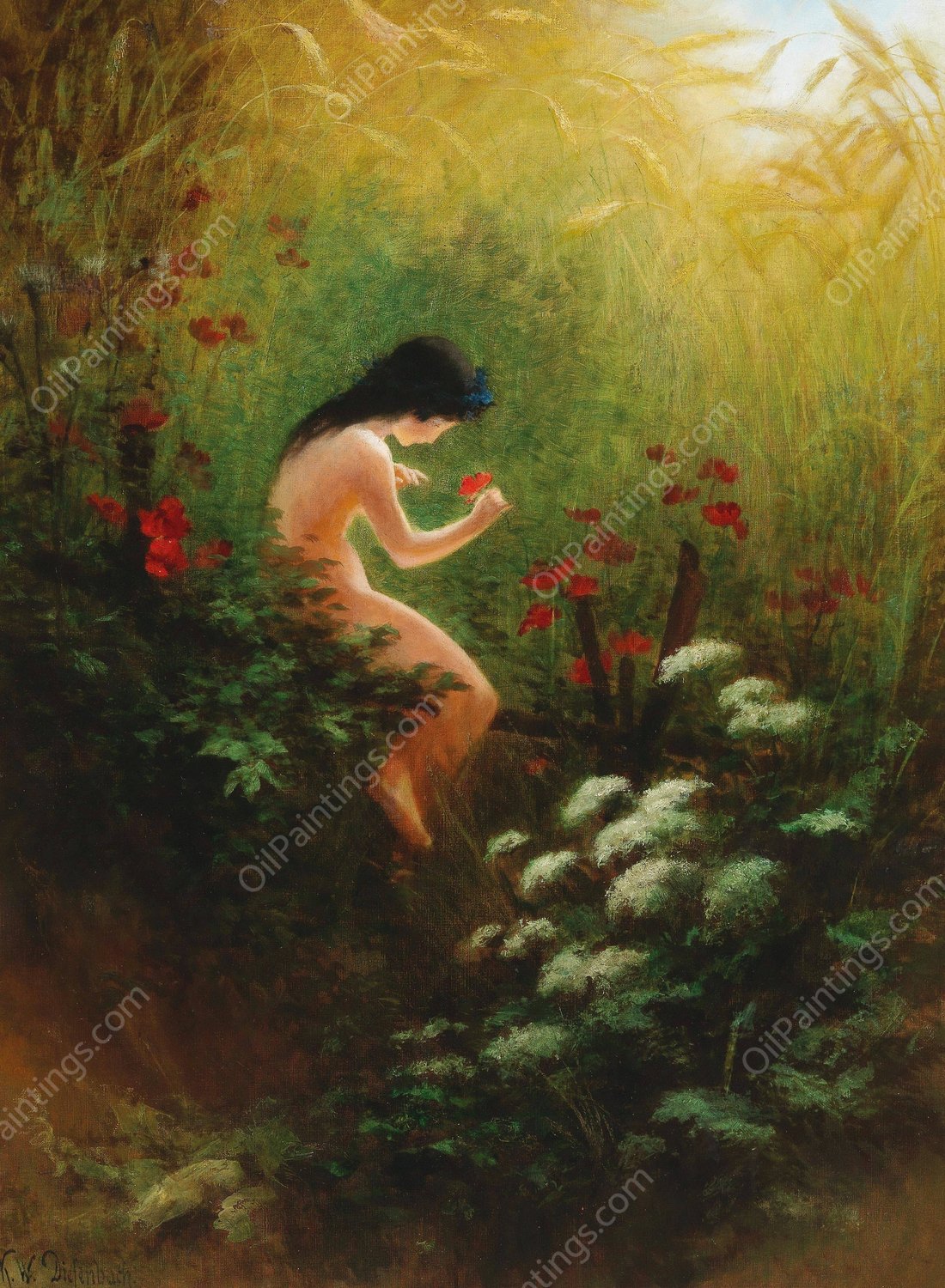 A girl with a flower by Karl Wilhelm Diefenbach - Hand-Painted Oil Painting Reproduction