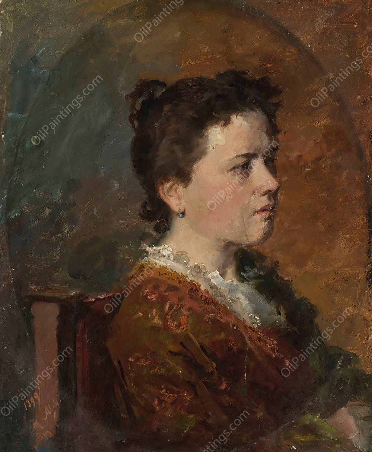 Portrait of a young woman, study  by Kazimierz Alchimowicz - Hand-Painted Oil Painting Reproduction