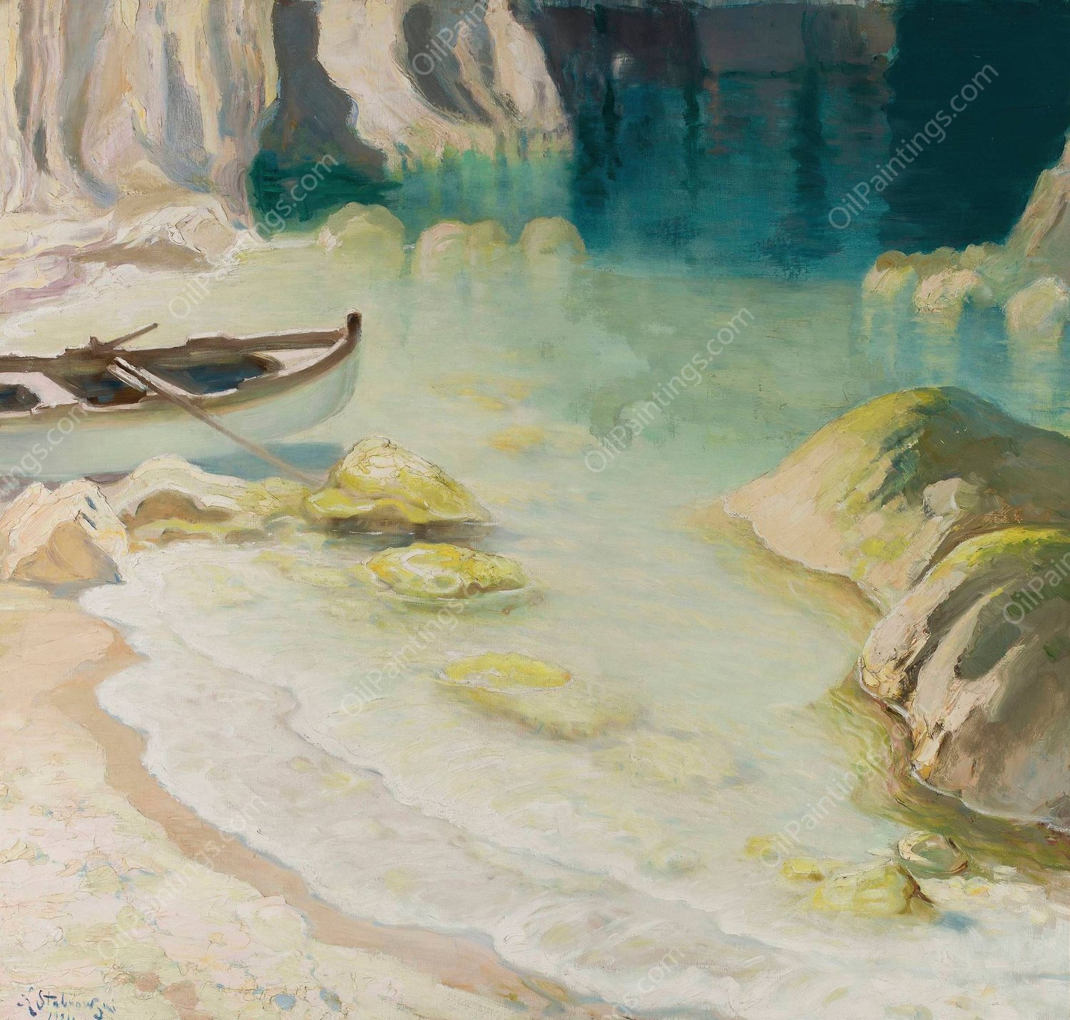 Boat at rocky coast  by Kazimierz Stabrowski - Hand-Painted Oil Painting Reproduction