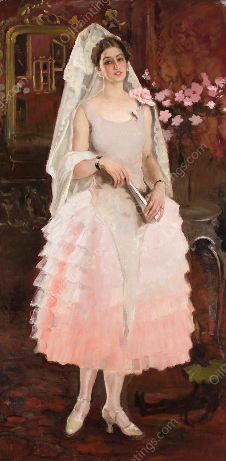 Portrait of a lady in pink dress - Spanish woman  by Kazimierz Stabrowski - Hand-Painted Oil Painting Reproduction