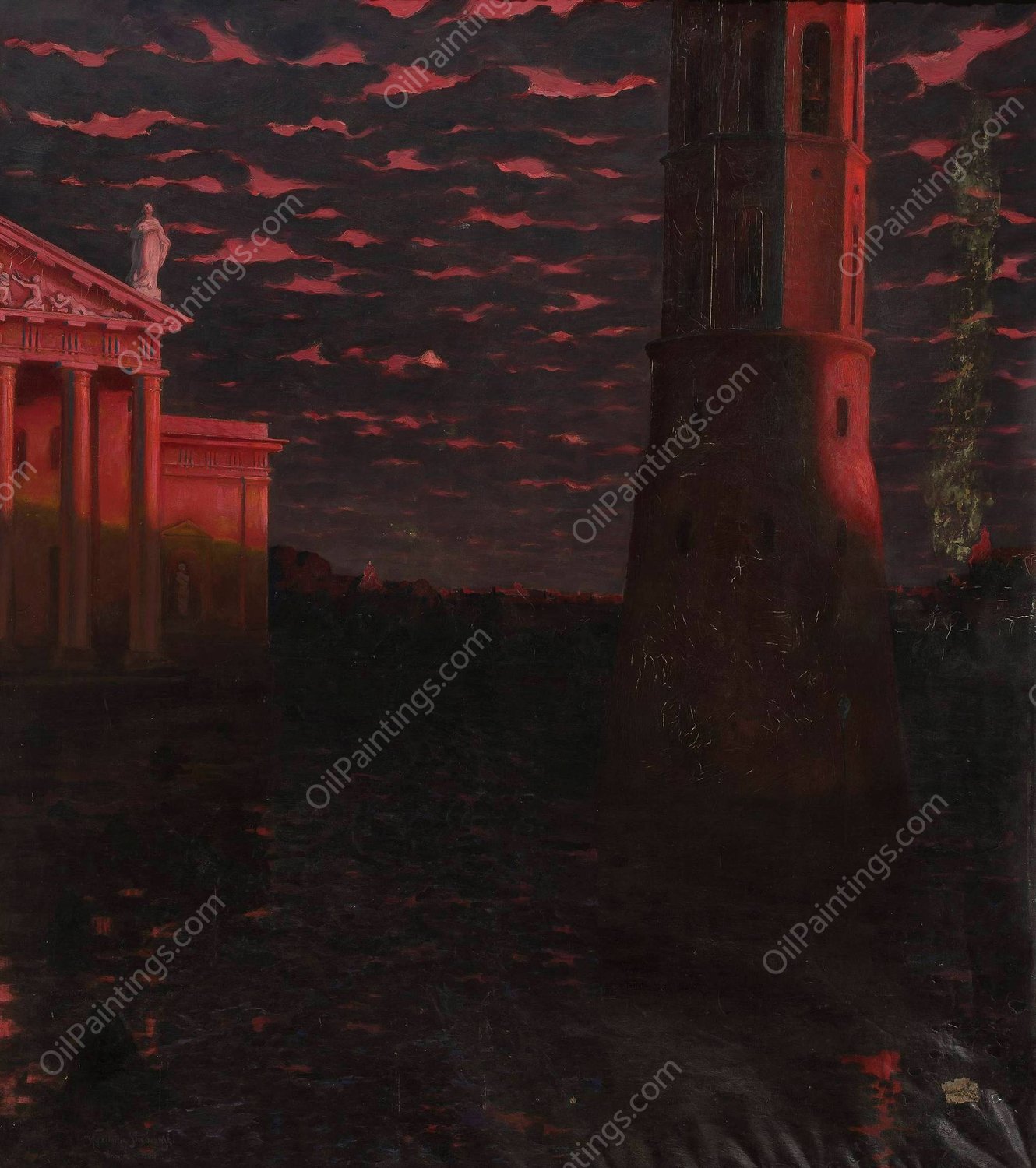 Vilnius - Cathedral Bell Tower  by Kazimierz Stabrowski - Hand-Painted Oil Painting Reproduction