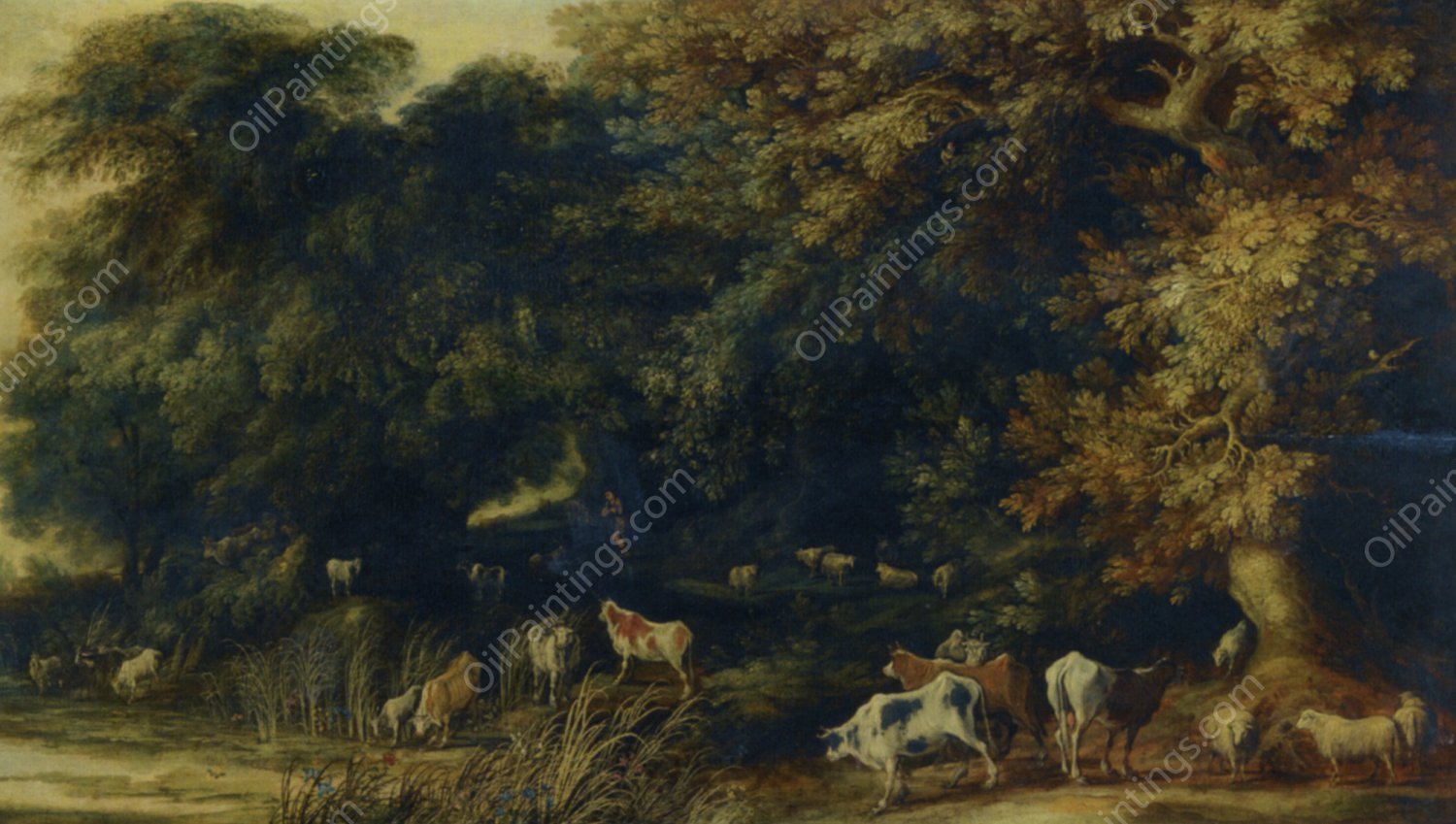 A Wooded Landscape with Animals Drinking at a Stream by Kerstiaen De Keuninck - Hand-Painted Oil Painting Reproduction