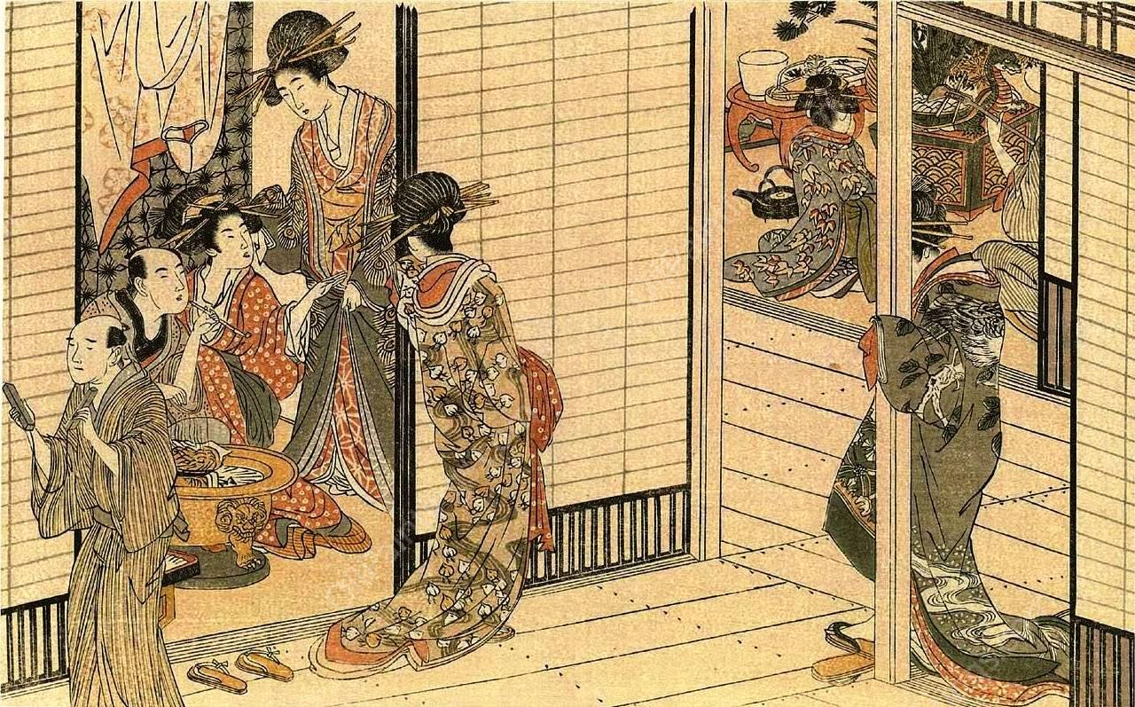 Cyprians Attending Upon Their Femiliar Guests by Kitagawa Utamaro - Hand-Painted Oil Painting Reproduction