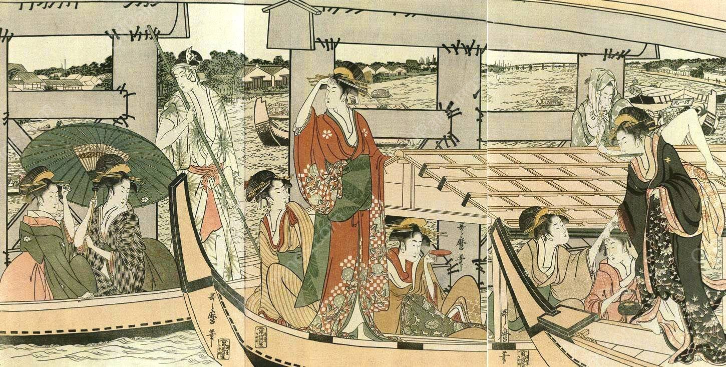 Scenes on and Under Ryogoku Bridge by Kitagawa Utamaro - Hand-Painted Oil Painting Reproduction