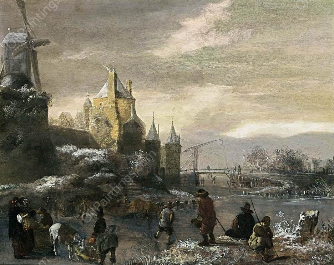Winter Landscape with Skaters by Klaes Molenaer - Hand-Painted Oil Painting Reproduction