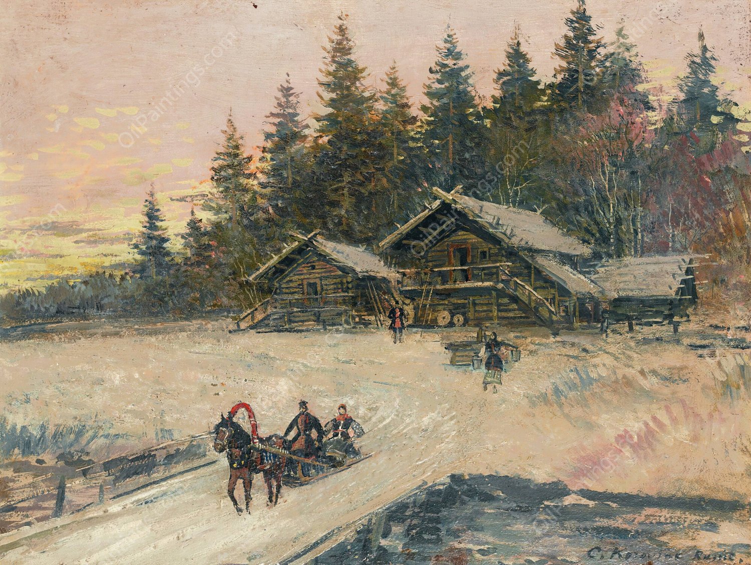 Winter Scene With Troika by Konstantin Alexeevich Korovin - Hand-Painted Oil Painting Reproduction