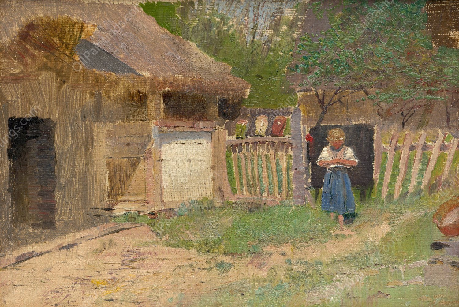 Girl in a Farmyard  by Ladislav Mednyanszky - Hand-Painted Oil Painting Reproduction