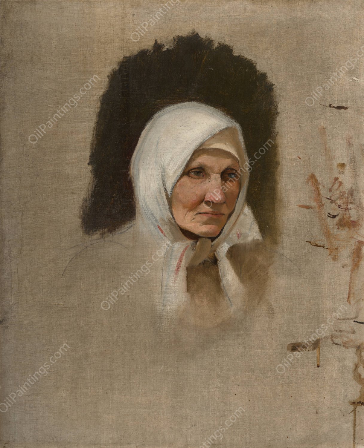 Village Woman in a White Scarf  by Ladislav Mednyanszky - Hand-Painted Oil Painting Reproduction