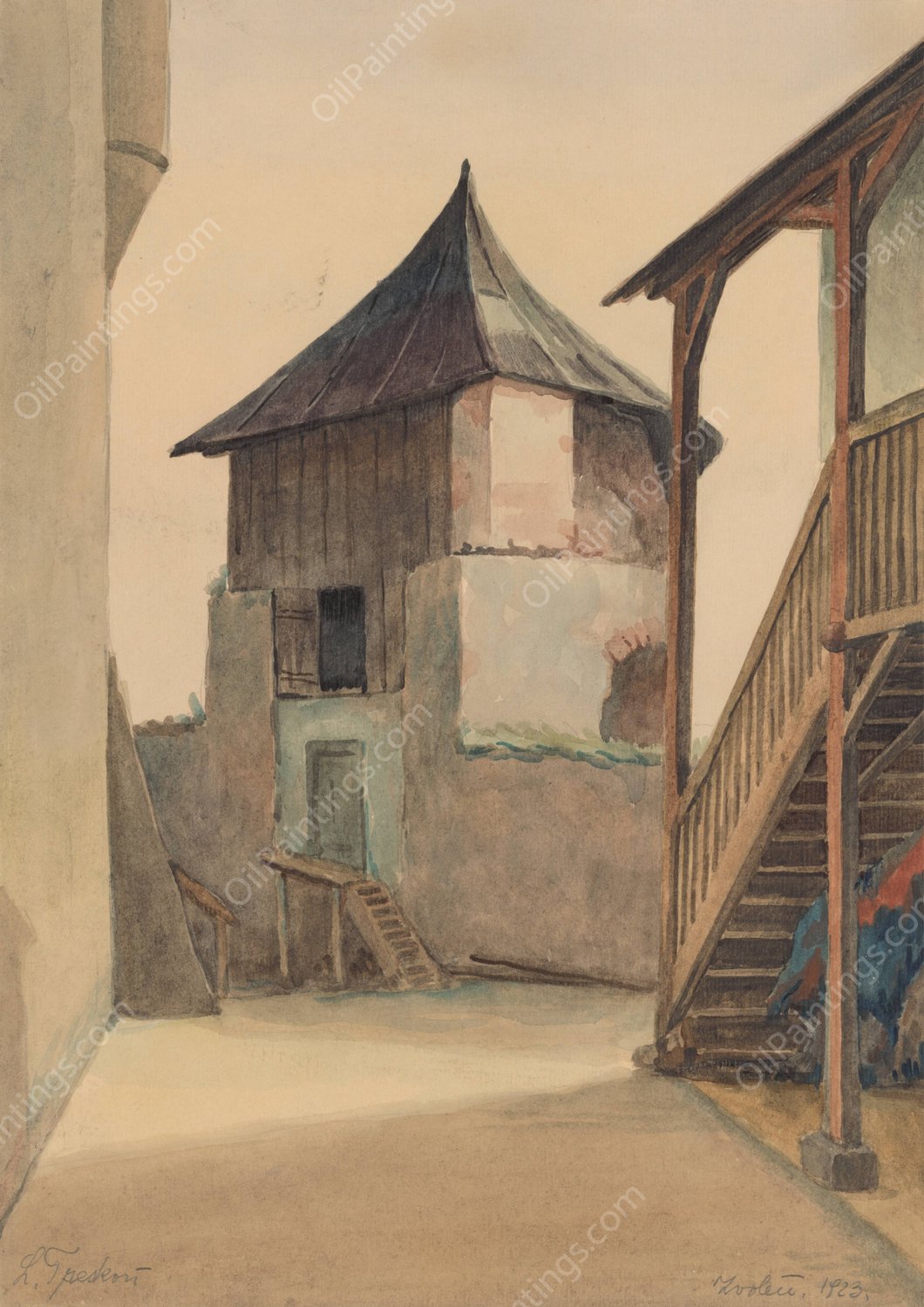 Zvolen Castle Bastion  by Ladislav Treskon - Hand-Painted Oil Painting Reproduction