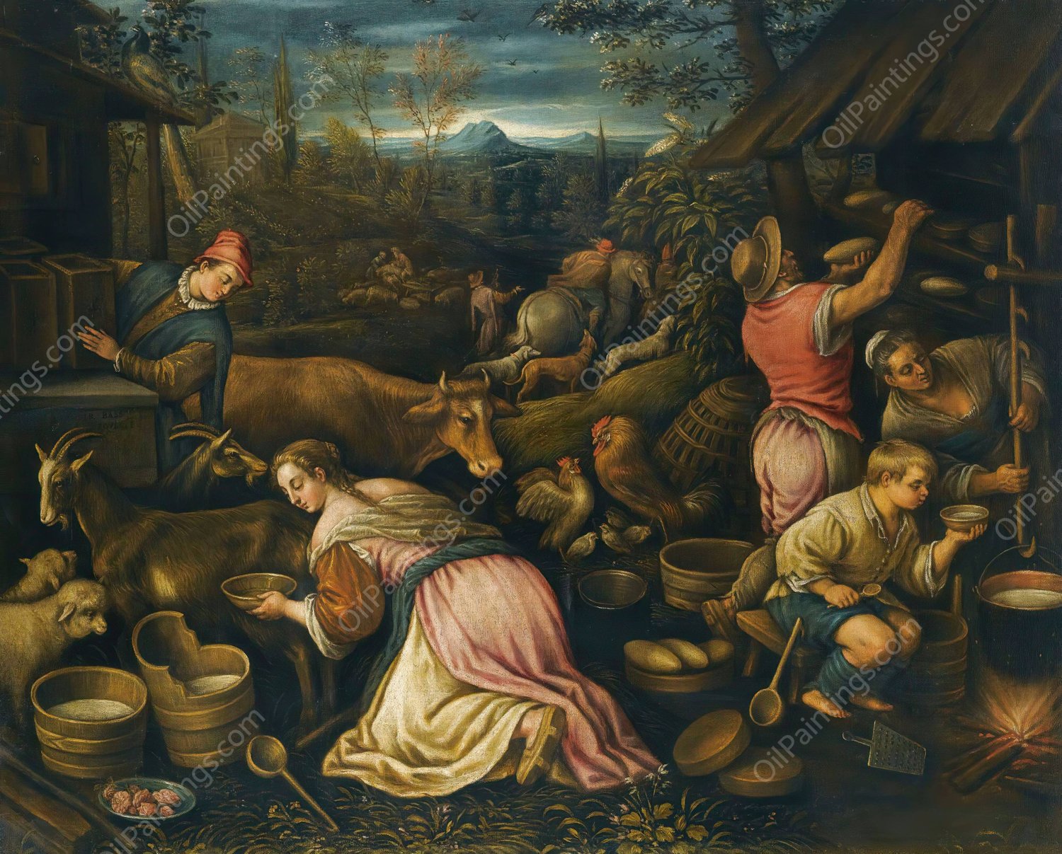 Spring - A Village Scene With Peasants Milking Goats And Baking Bread by Leandro Bassano - Hand-Painted Oil Painting Reproduction