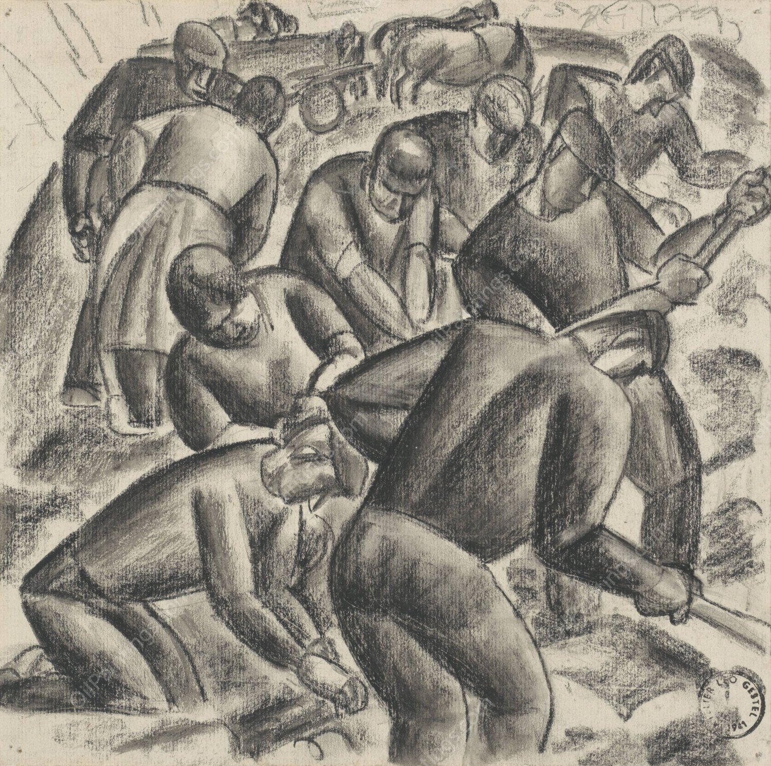 Aardappelrooiers aan het werk op het land  by Leo Gestel - Hand-Painted Oil Painting Reproduction